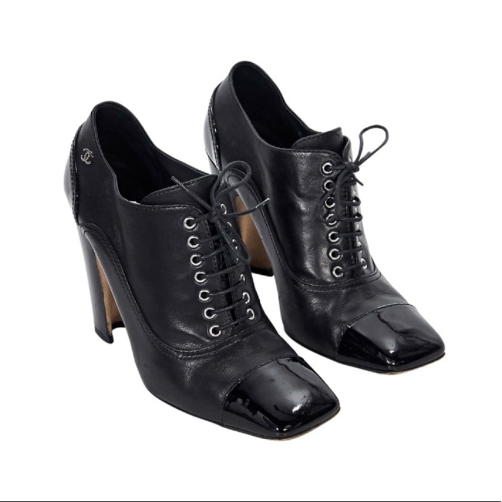 Chanel Black Leather Square Toe Ankle Boots